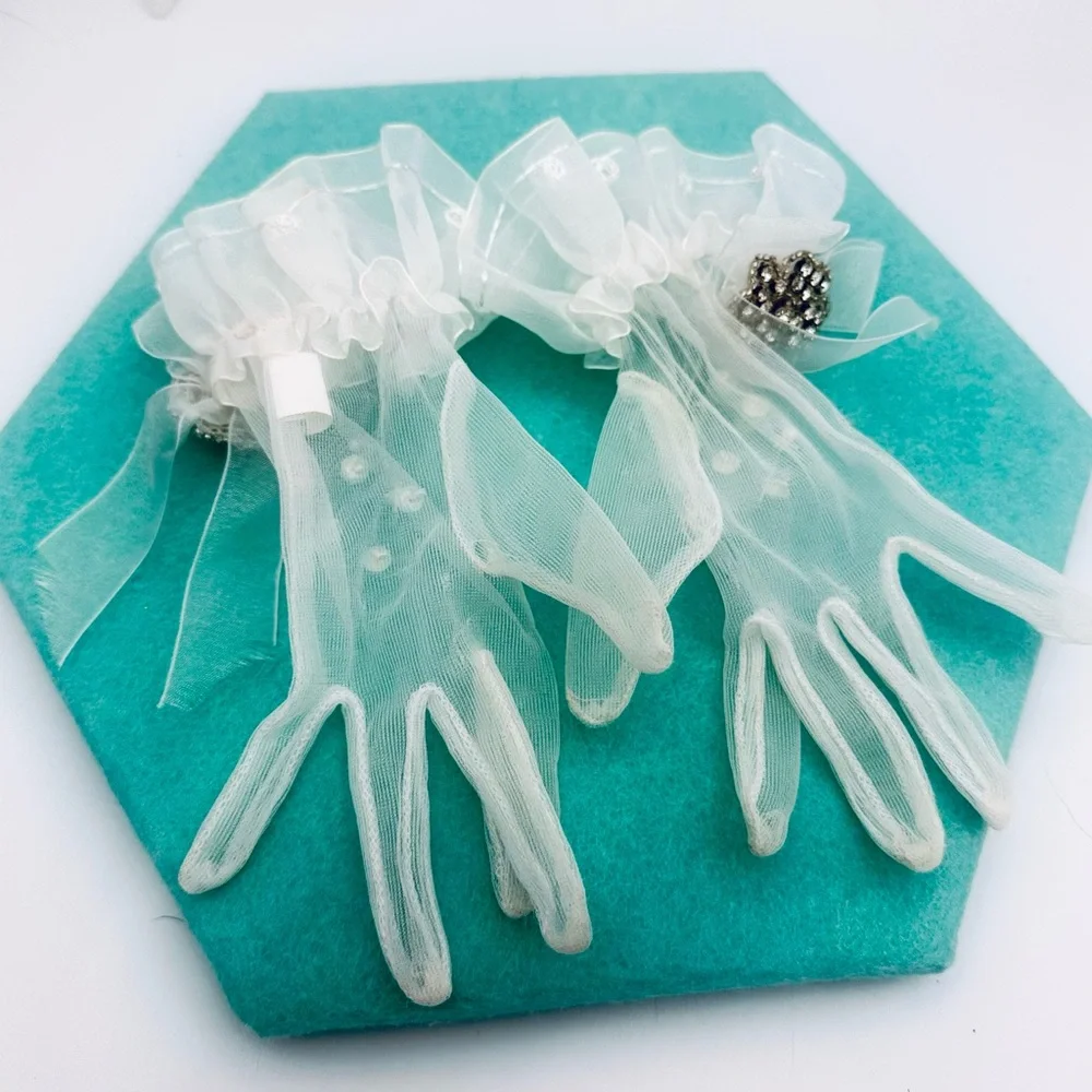 Vintage Bridal Gloves Ruffle & Faux Pearls